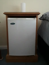 Close-up view of mini fridge